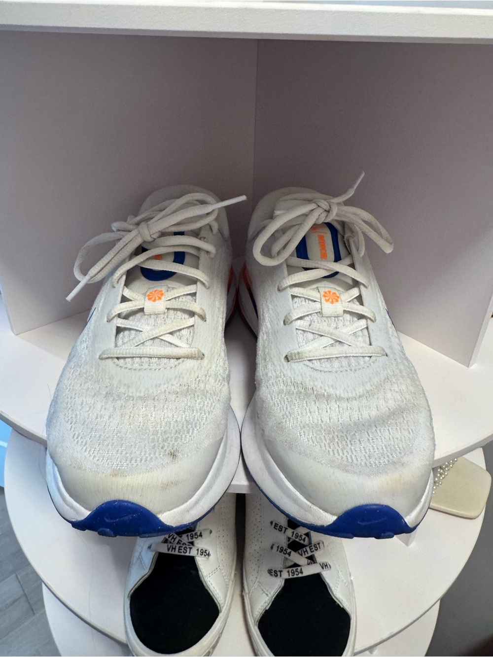 Nike White Sneakers with Blue Swoosh and Orange Heel - Picture 2 of 6